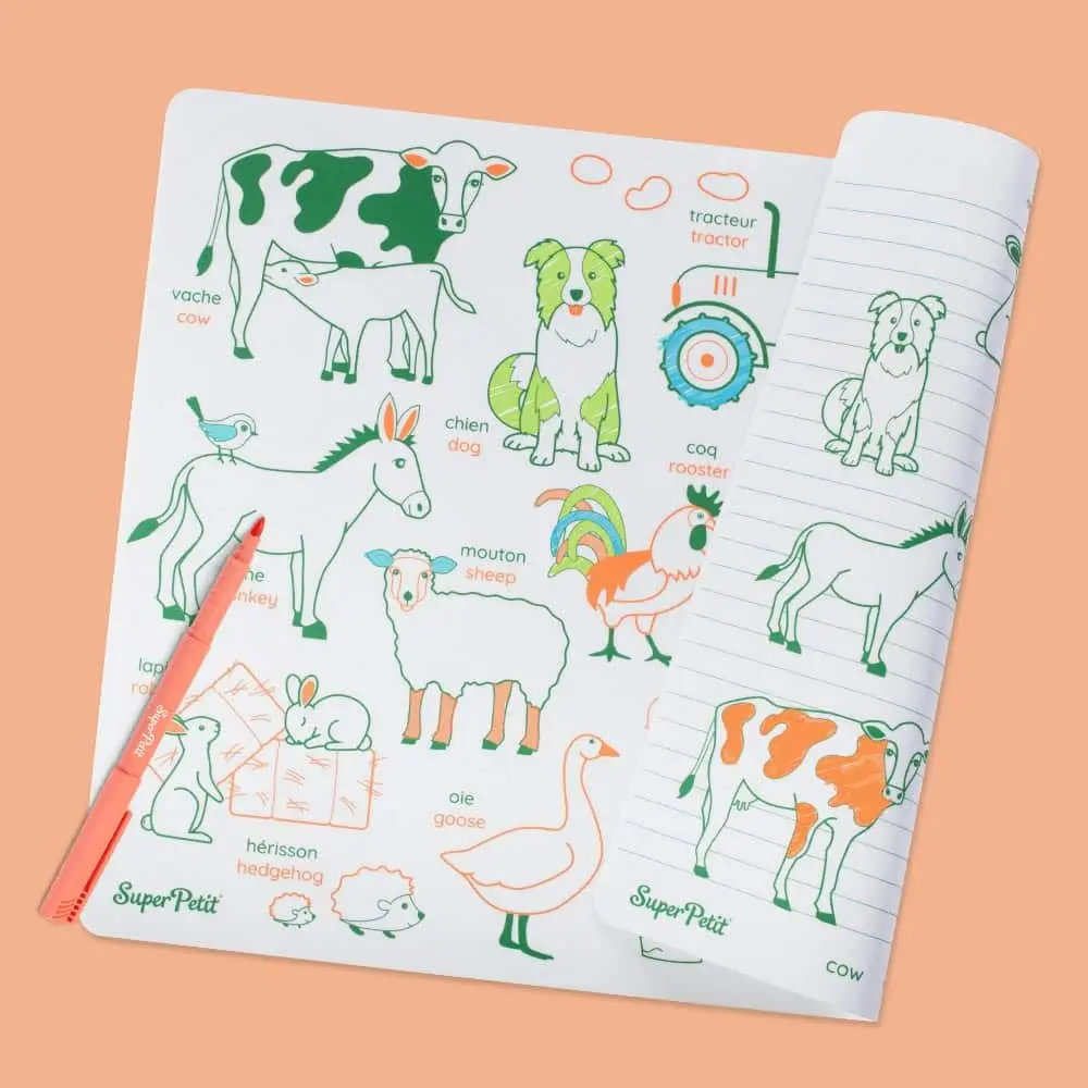 Set de table éducatif à colorier en silicone avec un feutre lavable "Les animaux de la ferme"