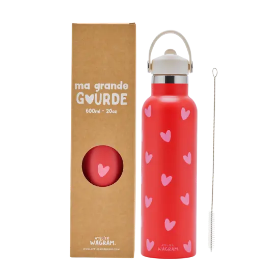Gourde isotherme 600ml "Rouge à cœurs roses" 