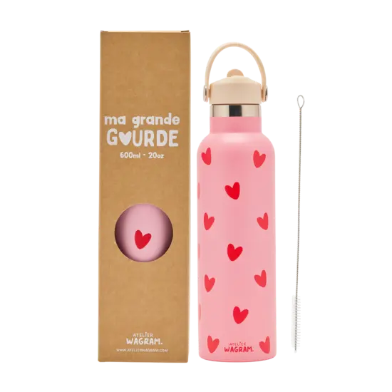 Gourde isotherme 600ml "Rose à cœurs rouges" 