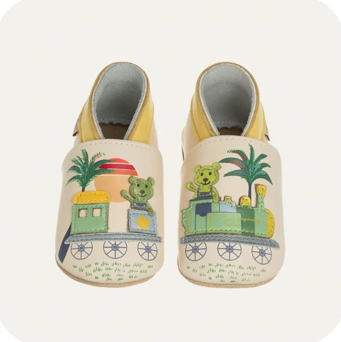 [LAITRA01] Chaussons en cuir souple "Petit train" (0-6 mois)