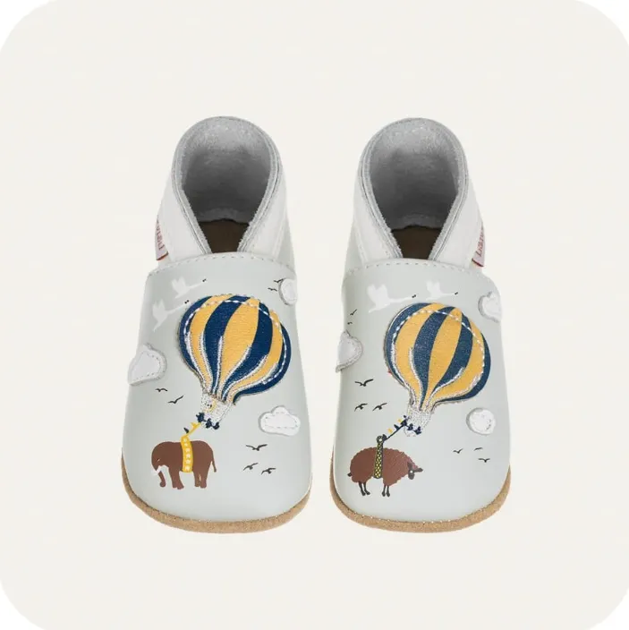 [LAIMON01] Chaussons en cuir souple "Montgolfière" (0-6 mois)