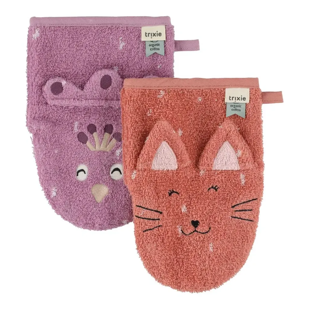 Lot de 2 gants de toilette "Chat et paon"