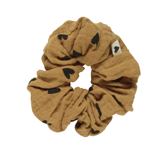 [WAGSKU046_007] Chouchou en gaze de coton "camel et coeurs noirs"