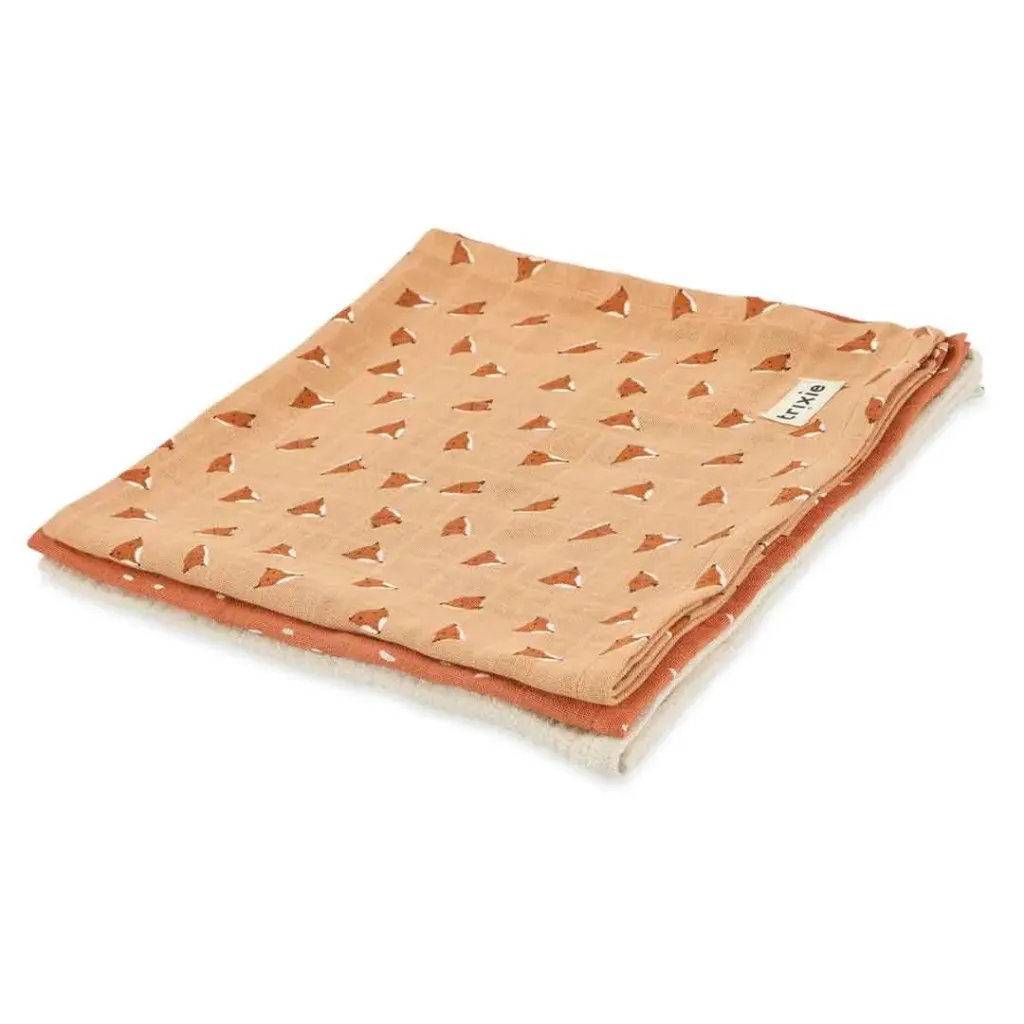 [TRI99-075] Lot de 3 langes en mousseline "Renard"