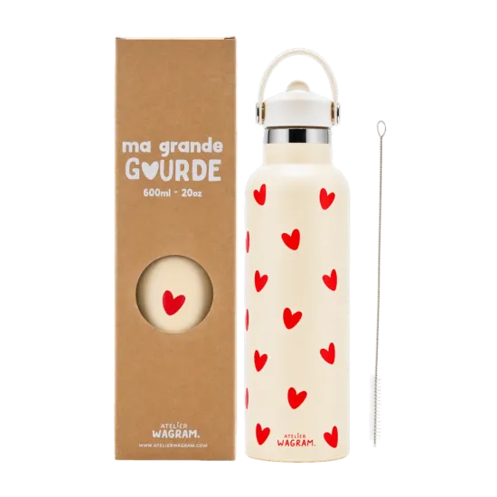 Gourde isotherme 600ml "Crème à cœurs rouges"