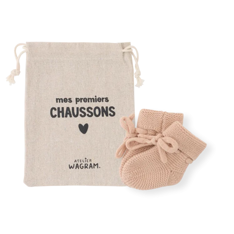 Chaussons tricotés en laine mérinos 0-1 mois "Vieux rose"