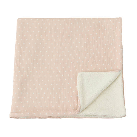 Couverture pilou et gaze de coton "beige et petits coeurs"