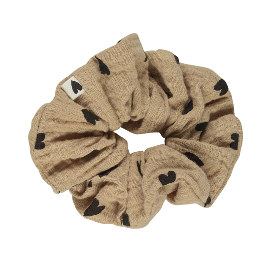 [WAGSKU046_009] Chouchou en gaze de coton "beige et coeurs noirs"