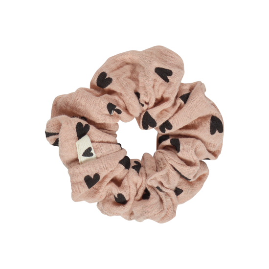 Chouchou en gaze de coton "rose et coeurs noirs"