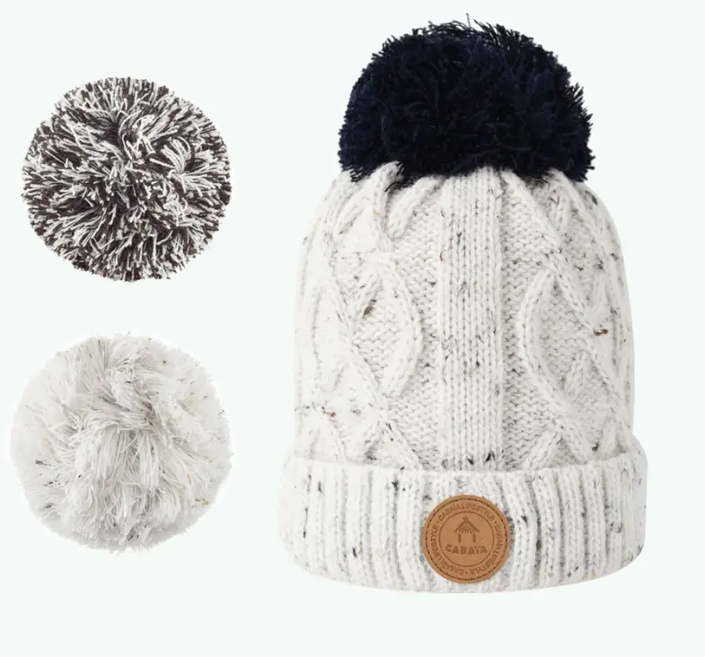 [CABjusdepomme] Bonnet (doublé polaire) avec 3 pompons interchangeables "Jus de pomme" (Beige, 4-6 ans)