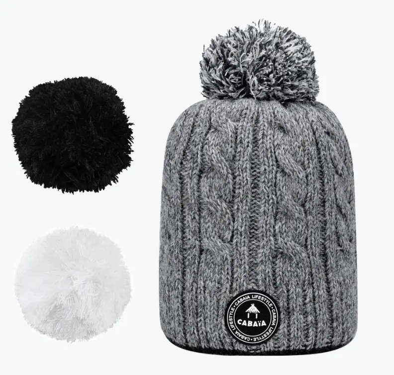 [CABMILKY] Bonnet (doublé polaire) avec 3 pompons interchangeables "Milky" (Gris, 4-6 ans)