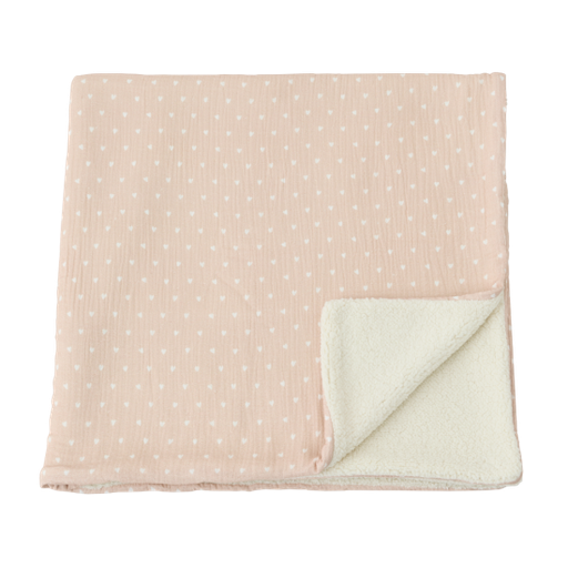 [WAGSKU015_016] Couverture pilou et gaze de coton "beige et petits coeurs"