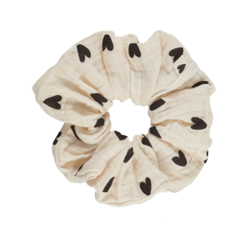 [WAGSKU046_006] Chouchou en gaze de coton "écru et coeurs noirs"