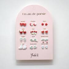 [YUKYB500-223] Boucles d'oreilles "Un an de poésie" - Rouge et Eau