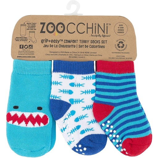 [ZOO11801] Set de 3 paires de chaussettes anti-dérapantes requin (0-24 mois)