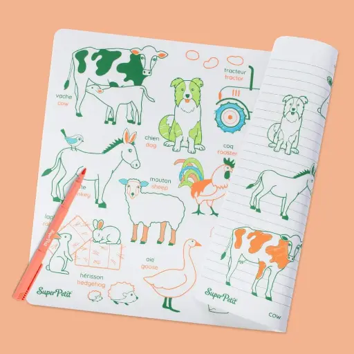 [SUPSMATFARM005] Set de table éducatif à colorier en silicone avec un feutre lavable "Les animaux de la ferme"