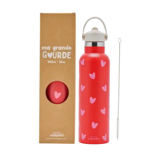 [WAGSKU067_011] Gourde isotherme 600ml "Rouge à cœurs roses" 