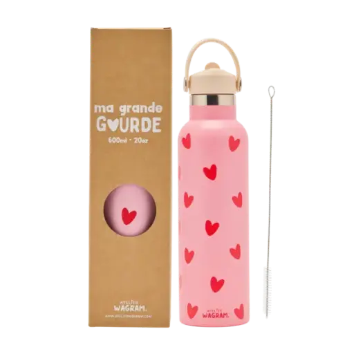 [WAGSKU067_010] Gourde isotherme 600ml "Rose à cœurs rouges" 